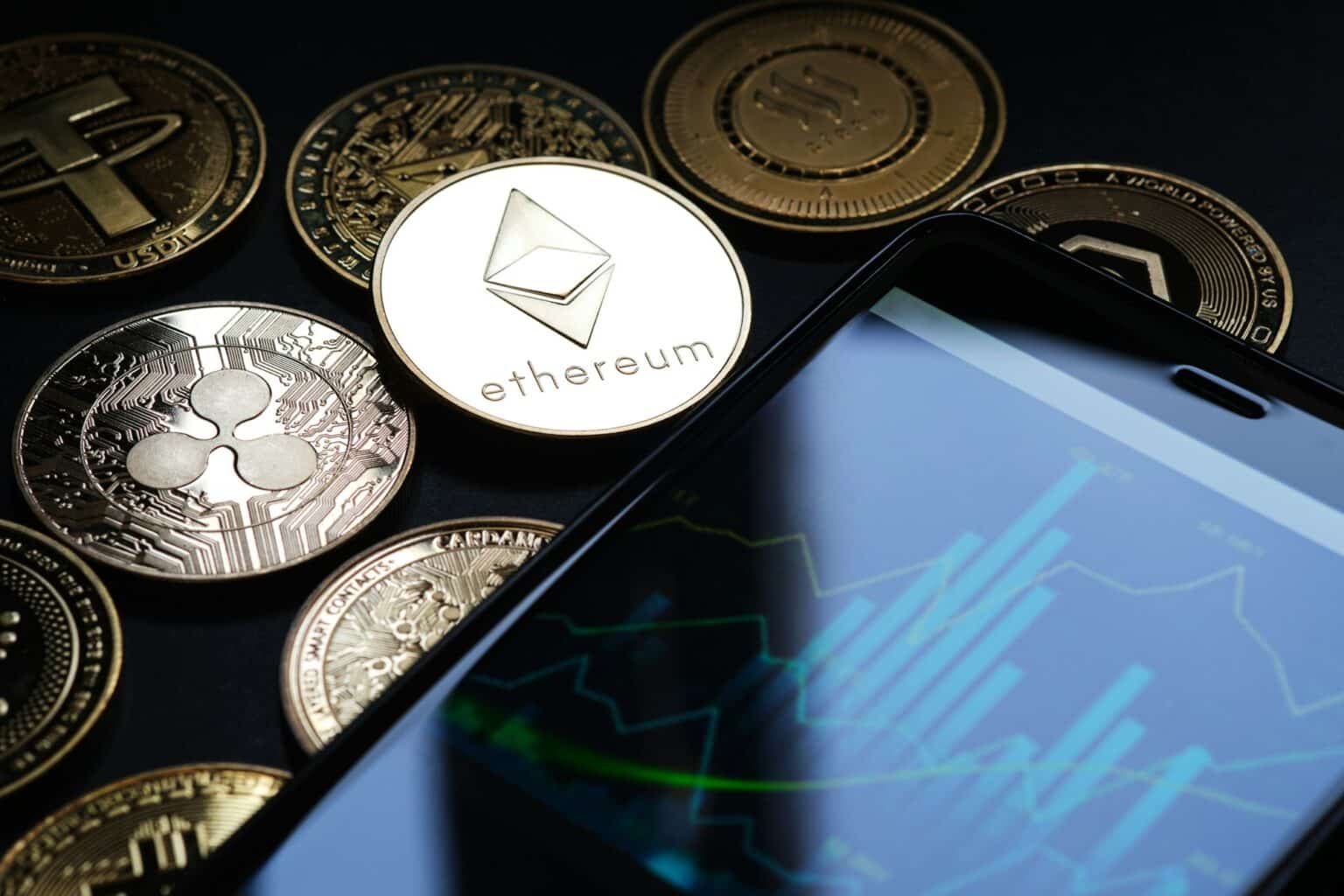 Cryptocurrencies and a smartphone with a graph