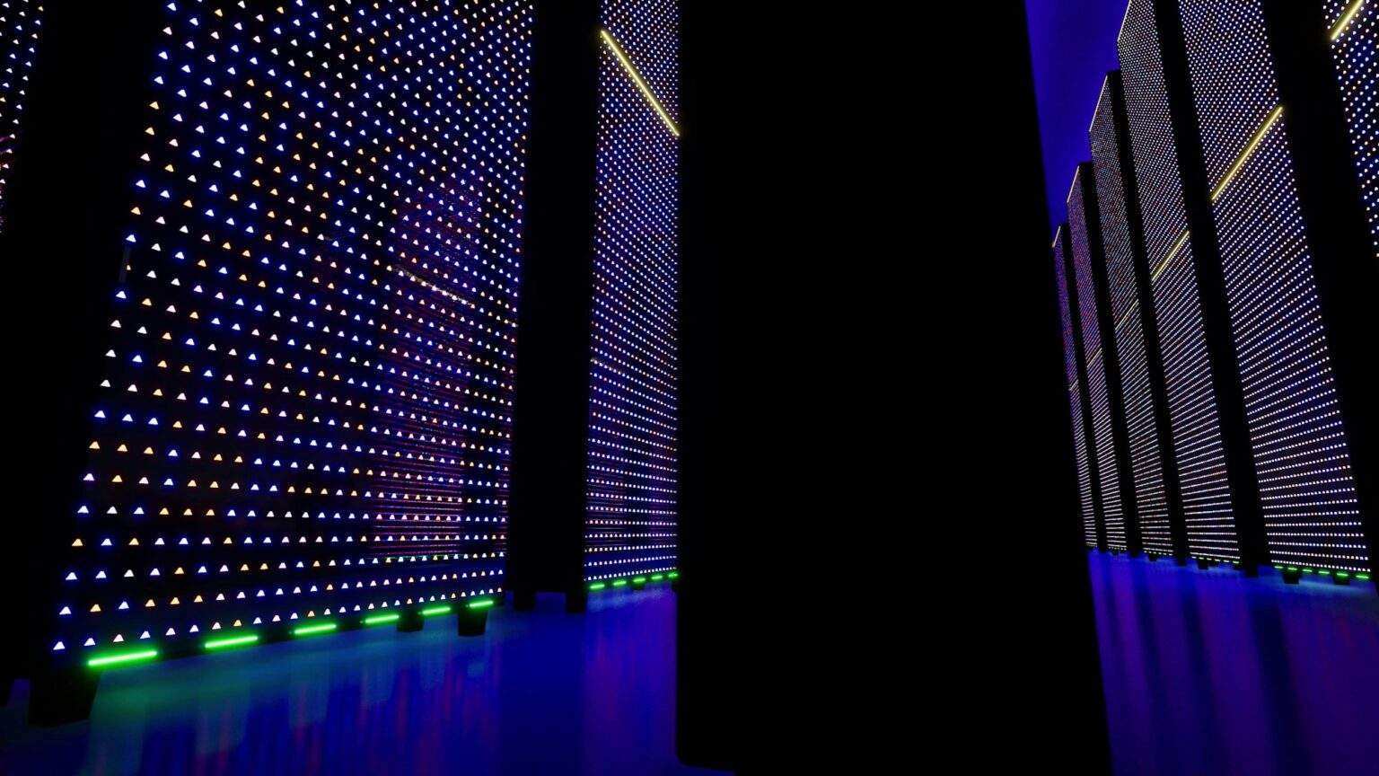 Data servers behind glass panels. Data center. Big data. Super computer.