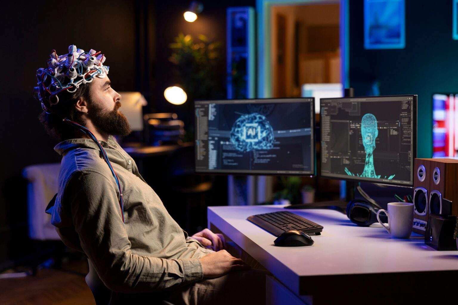 IT specialist using high tech gear to chat with AI robot