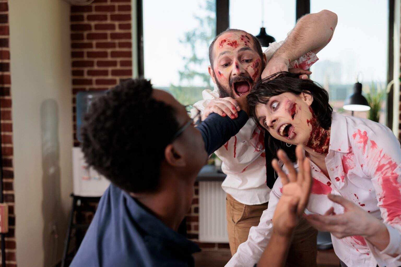 Critique de ‘Clown dans un Champ de Maïs’ – Un Terreur Sanguinaire : Le Clown Tueur qui Hantent les Adolescents dans ce Slasher Captivant [SXSW 2025 Actors playing zombies in thriller slasher film biting businessman arm