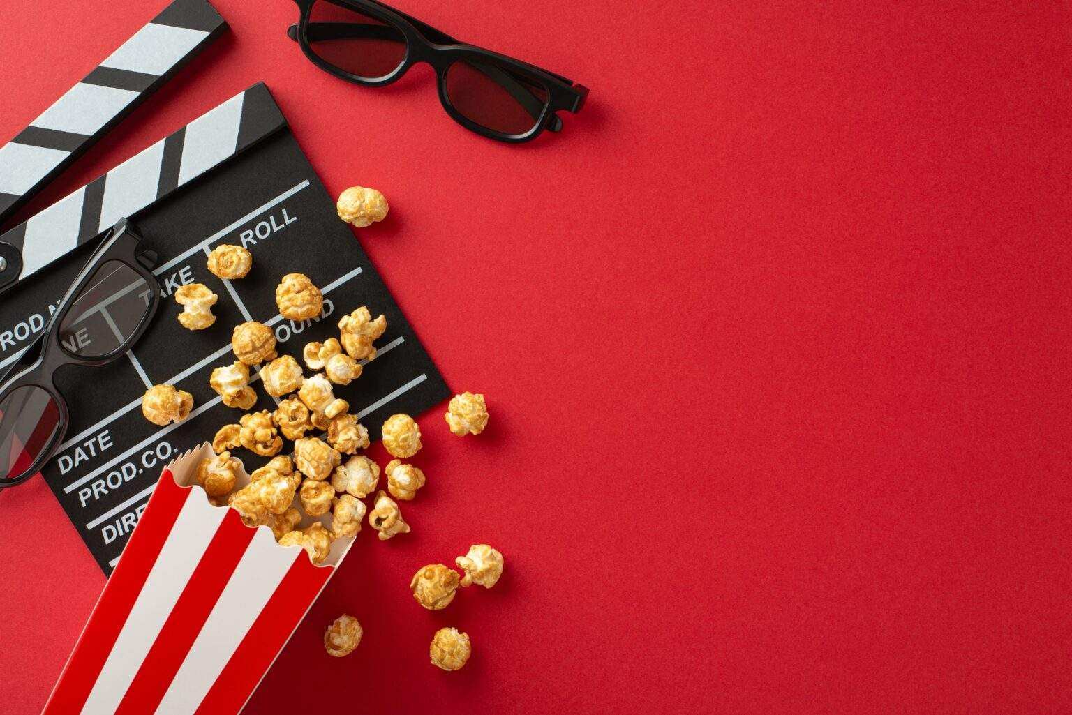 Valentine's Cinema Magic: Overhead composition with a clapperboard, 3D glasses