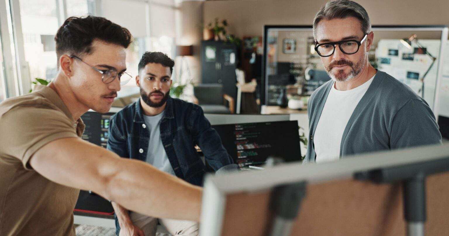 Programmer, planning and presentation with business people in office for website developer, coding