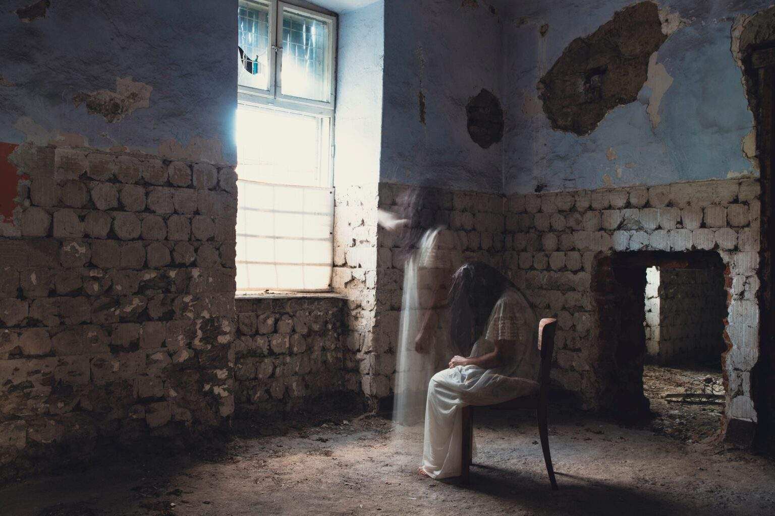 Scary ghost woman in haunted house