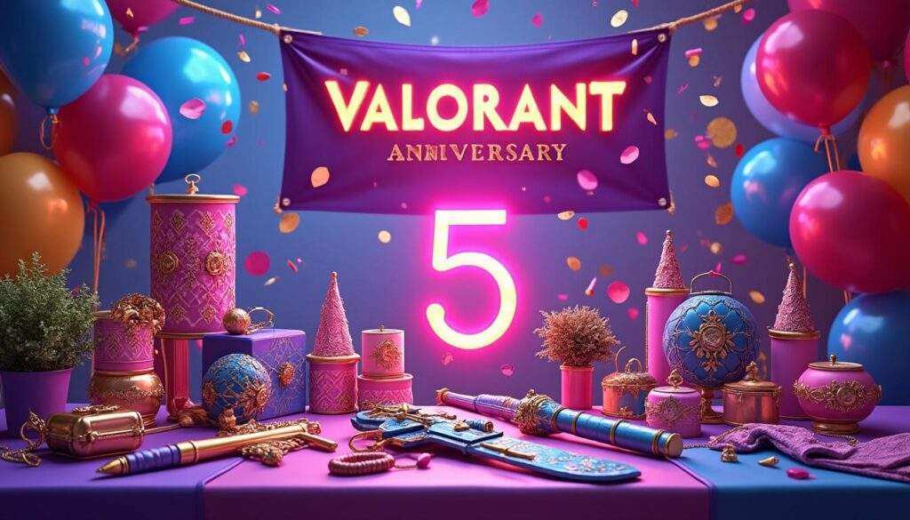 participez à la célébration du cinquième anniversaire de valorant et découvrez une sélection exclusive de cosmétiques gratuits ! ne manquez pas cette occasion de personnaliser votre expérience de jeu avec des éléments uniques et festifs.