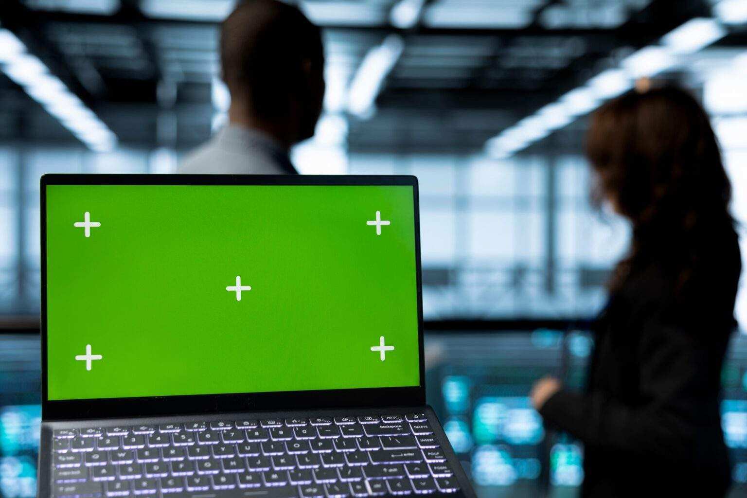 Close up of mockup notebook next to team of IT professionals IT