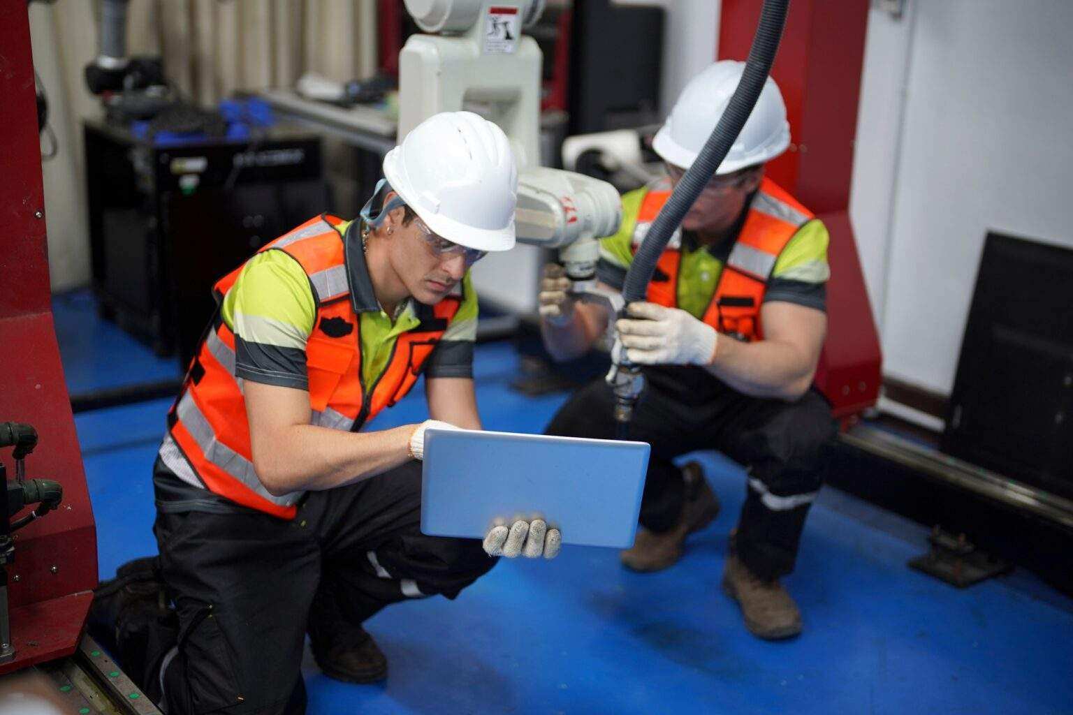 Engineers using technology to analyze machinery in a workshop setting