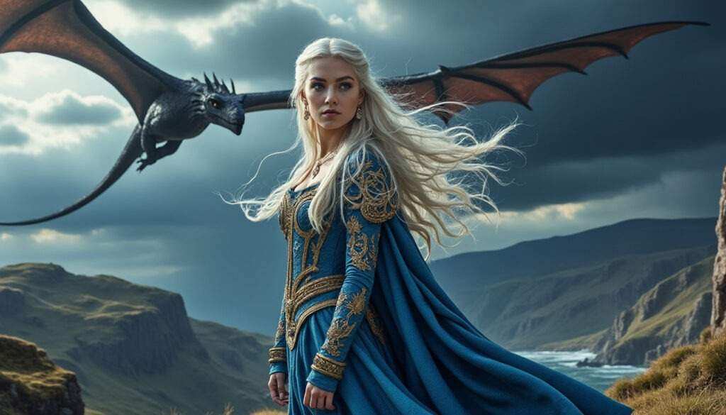 plongez dans la destinée fascinante de daenerys targaryen, héritière légitime de jaehaerys i, et découvrez son ascension spectaculaire en tant que reine des dragons et figure emblématique de westeros.
