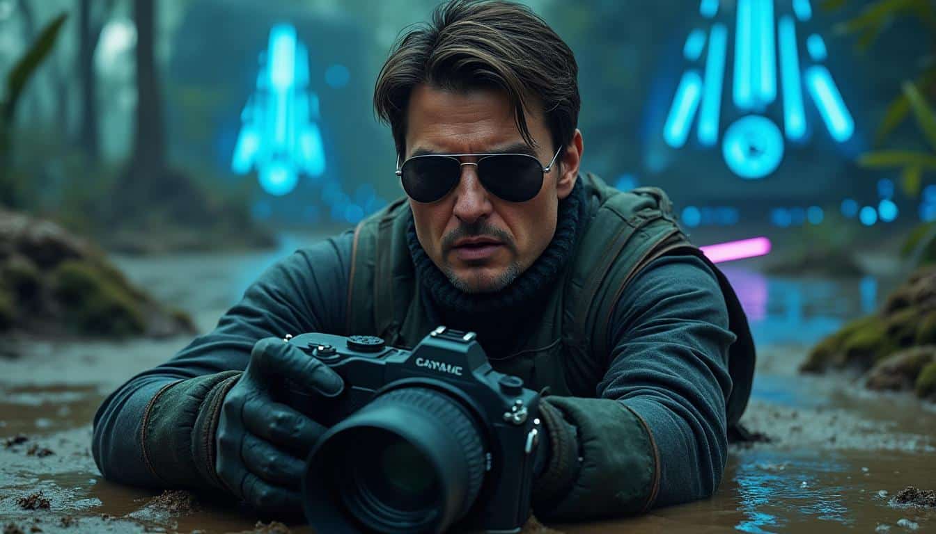 découvrez tom cruise dans une scène épique au sabre laser pour le nouveau star wars: starfighter, alliant action et univers galactique.