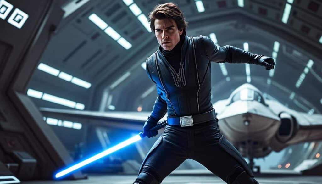découvrez tom cruise dans une scène spectaculaire au sabre laser pour le prochain film star wars : starfighter, une nouvelle aventure épique de la saga intergalactique.